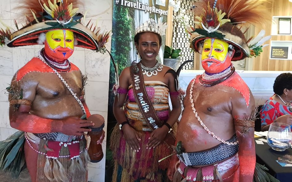 Miss Pacific Islands Leoshina Kariha with other performers from Papua New Guinea at the South Pacific Tourism Exchange in Auckland this week.