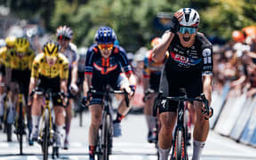 Ally Wollaston (R) after winning stage one of the Tour Down Under.