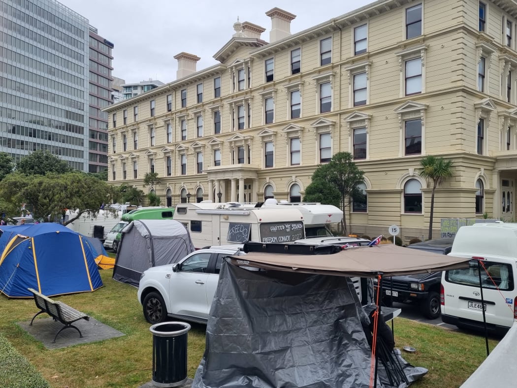 Tents set up in the grounds of the law school over the road from Parliament.