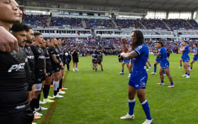 Toa Samoa during the cultural challenge during the Paciﬁc Championships rugby league test between New Zealand Kiwis v Toa Samoa at Go Media Stadium.