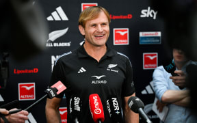 All Blacks head coach Scott Robertson speaks to media at the New Zealand All Blacks press and media conference at Park Hyatt Hotel.