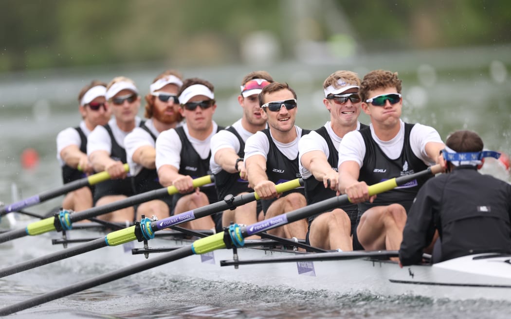 New Zealand Men's Eight in action Final Olympic Qualification Regatta 2021.