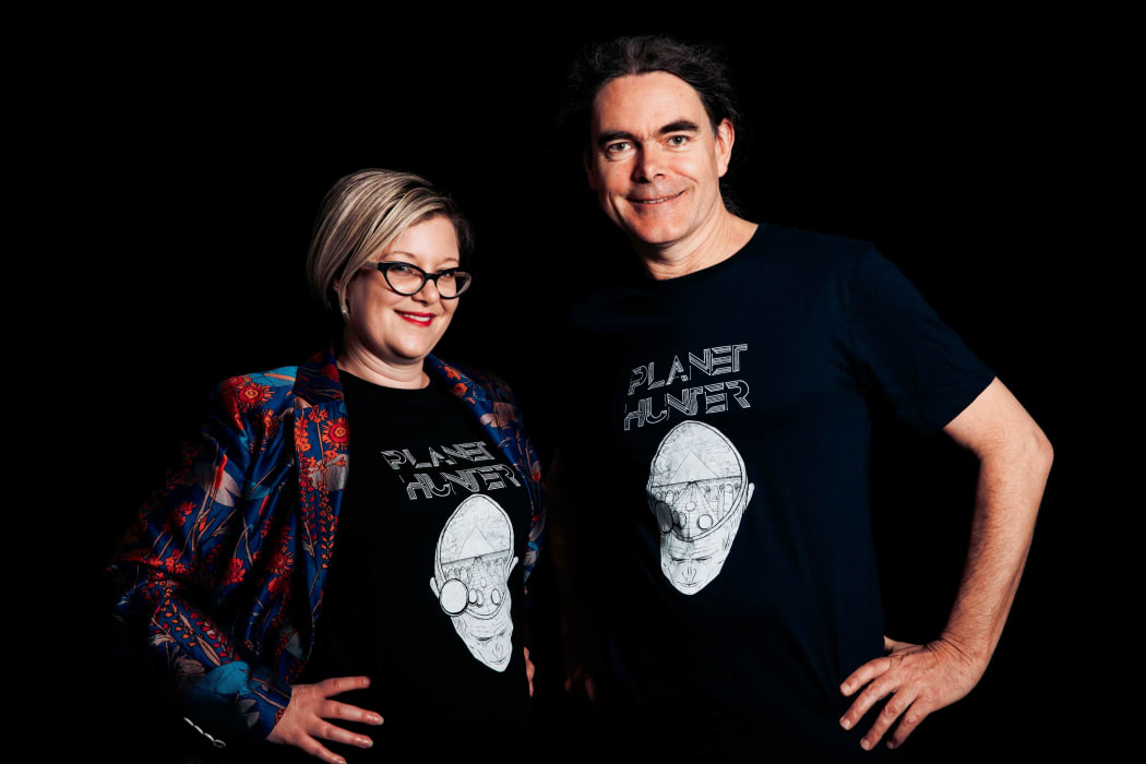 RNZ Concert's Zoe George and audio engineer Darryl Stack repping their colleague William Saunders' alt-rock band Planet Hunter