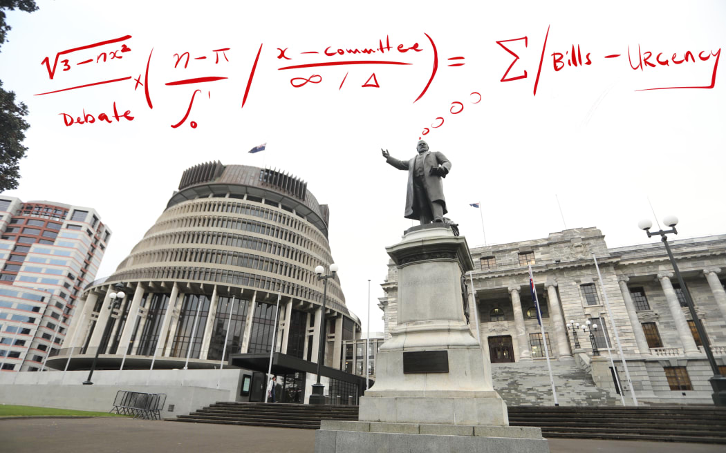 A nonsense mathematical equation floats over Parliament.