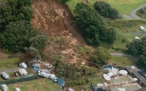 The slip at Mauao, Mount Maunganui as seen from the air. Screengrab / Amy Till