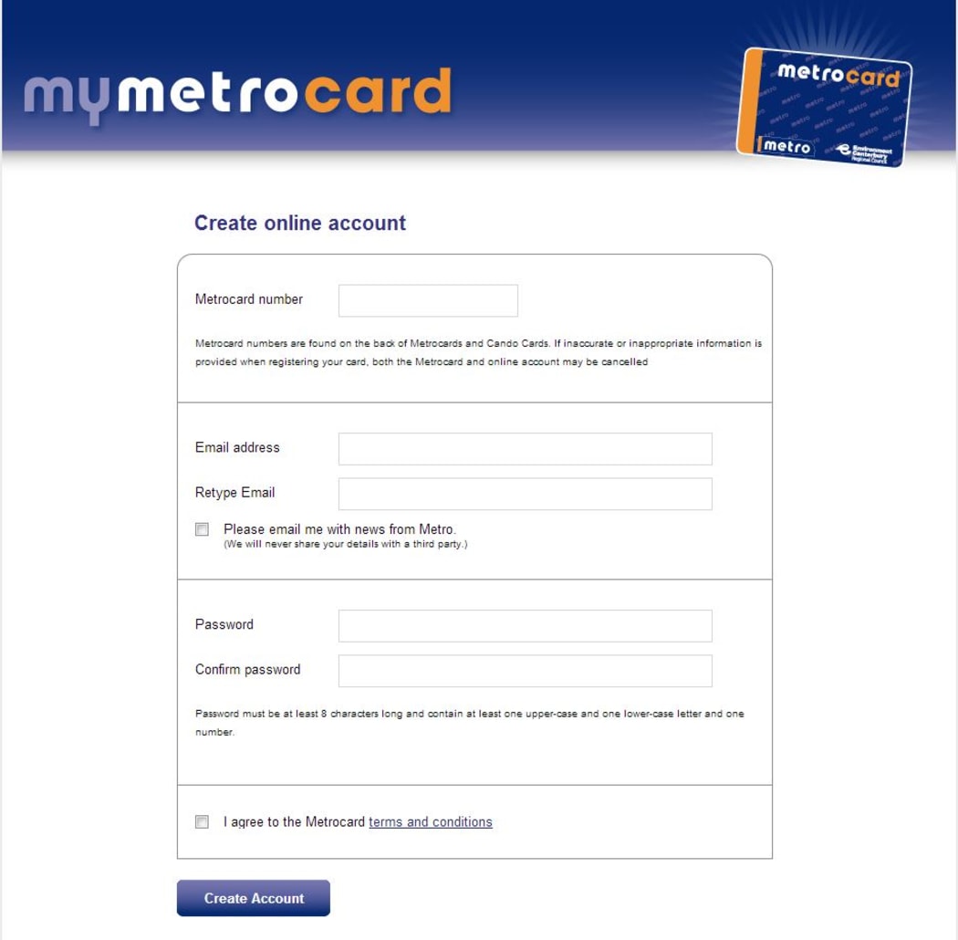 The sign in form for the MetroCard website.