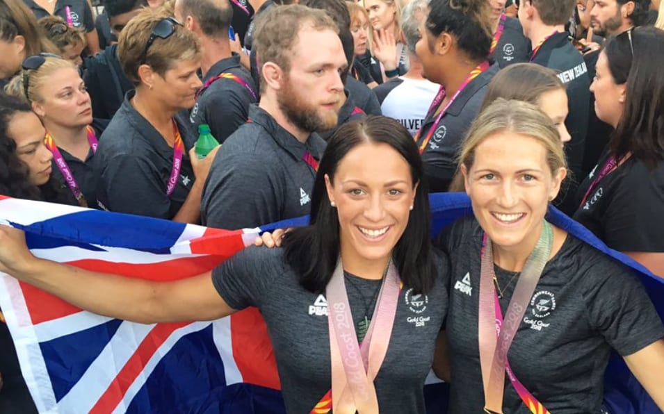 Opening ceremony flag bearer Sophie Pascoe with closing ceremony flag bearer Stacey Michelsen