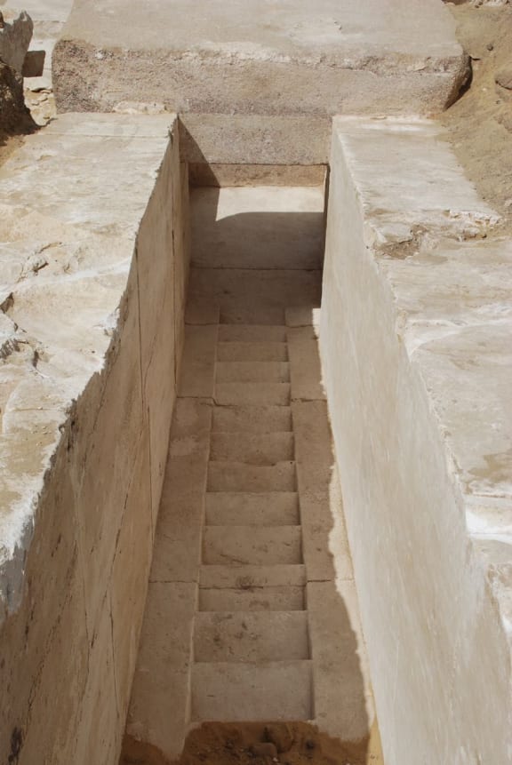 The remains of an ancient Egyptian pyramid that were discovered near the well-known bent pyramid of King Snefru in Dahshur,