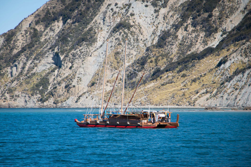 Ngahiraka Mai Tawhiti anchored in Anaura Bay ahead of the overnight sail to Taranganui-a-Kiwa.
