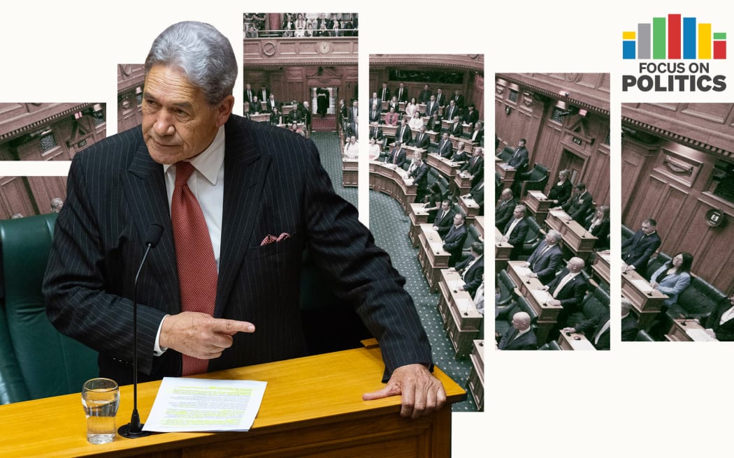 Focus on Politics: Composite of Winston Peters in the foreground with the debating chamber behind him