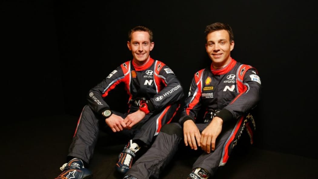 Hayden Paddon (R) with his new co-driver Seb Marshall of Great Britain.