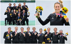 The New Zealand men's eight with their golds, Emma Rush after winning gold in the women's single sculls and the women's eight with their silvers.