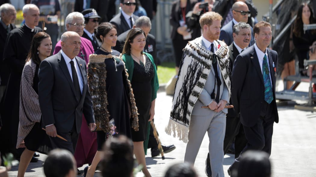 Prince Harry and Meghan, the Duke and Duchess of Sussex are welcomed to Te Papaiouru Marae in Rotorua