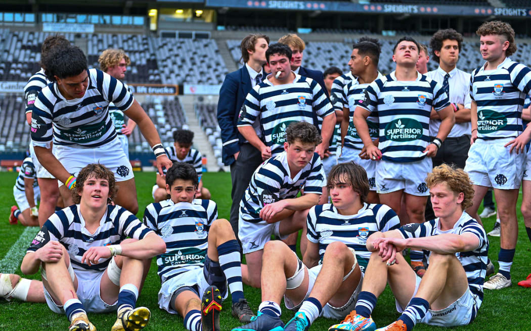 A dejected Otago Boys High School team after losing to Nelson College in the First XV final.
