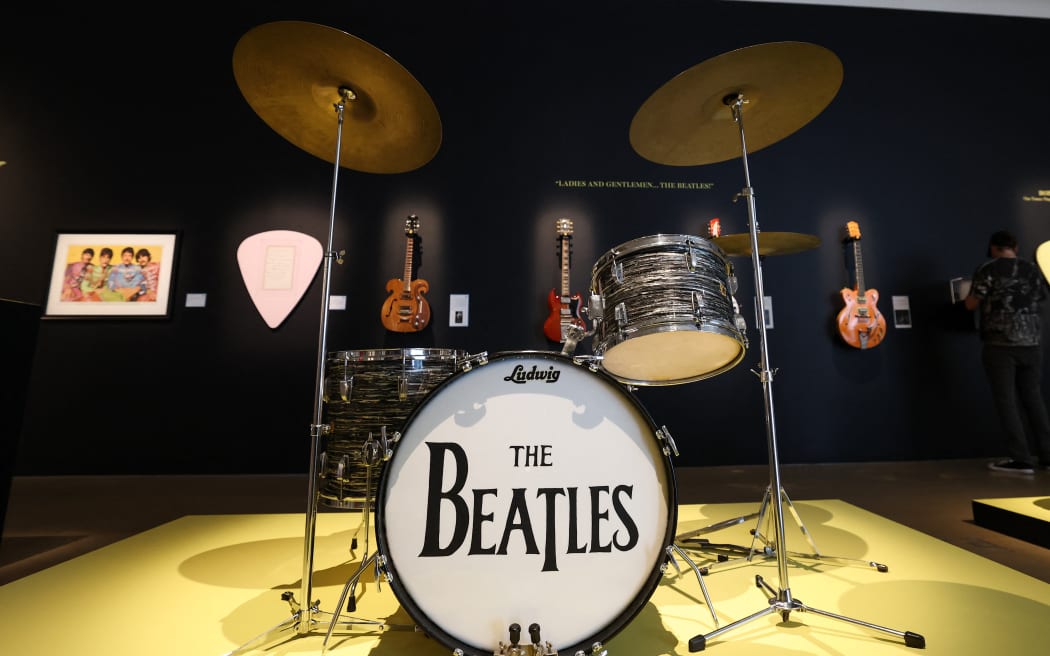 Ringo Starr’s first-ever Ludwig drum kit is displayed during a press preview of The Jim Irsay Collection at Christie’s Los Angeles in Beverly Hills, California.