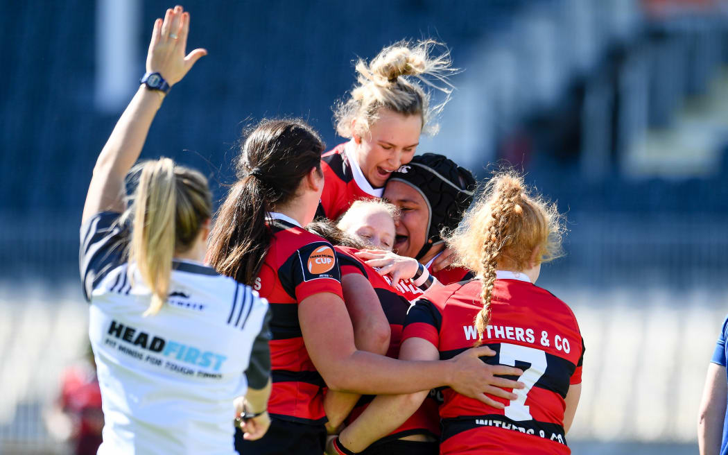 Canterbury players celebrate Cindy Nelles scoring a try in their the Farah Palmer Cup rugby match against Otago at Orangetheory Stadium, Christchurch.
 19th September 2020.