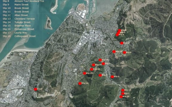 A map showing where the 18 slips on council owned land are.