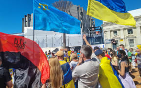 People in Wellington's Civic Square to protest against Russia's offensive in Ukraine.