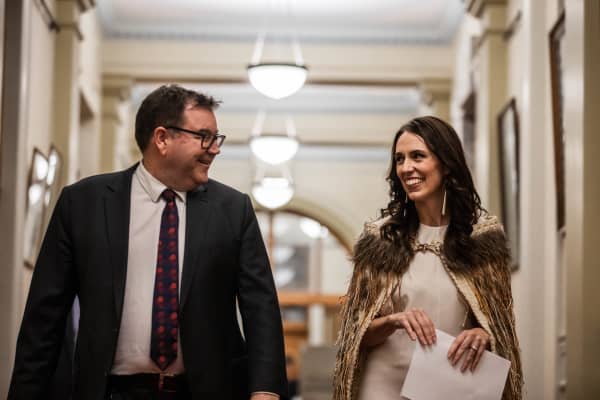 Grant Robertson & Jacinda Ardern entering the House before Ardern's valedictory speech.