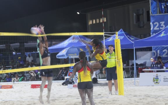 Vanuatu women's beach volleyball team against Fiji at the 2023 Pacific Games in Honiara, Solomon Islands.