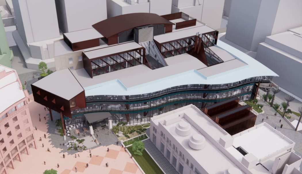 An artist's impression of an aerial view of the revamped Wellington City Library, Te Matapihi ki te Ao Nui.