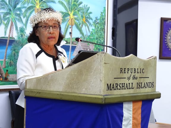 New Marshall Islands President Hilda Heine spoke at the Nitijela (parliament) chamber after being sworn in for her second term in office January 3.