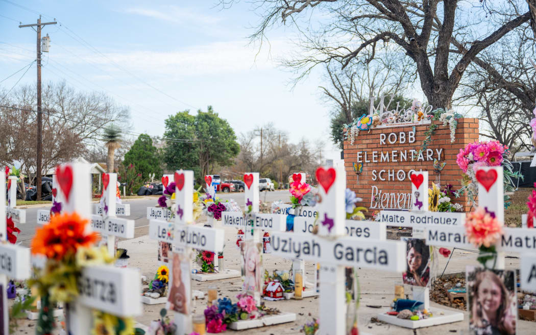 UVALDE, TEXAS - JANUARY 05: A memorial dedicated to the 19 children and two adults murdered on May 24,2022 during a mass shooting at Robb Elementary School is seen on January 05, 2026 in Uvalde, Texas. The first trial over law enforcement's delayed response to the Uvalde school shooting began today with former Uvalde schools officer Adrian Gonzales standing trial in Corpus Christi. Gonzales faces 29 counts of child endangerment. The trial is a rare case in which a law enforcement officer could be convicted for allegedly failing to appropriately respond to criminal activity.   Brandon Bell/Getty Images/AFP (Photo by Brandon Bell / GETTY IMAGES NORTH AMERICA / Getty Images via AFP)