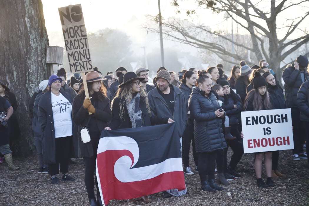 A crowd gathered outside the Gisborne District Council building in June to protest the reinstatement of the models.