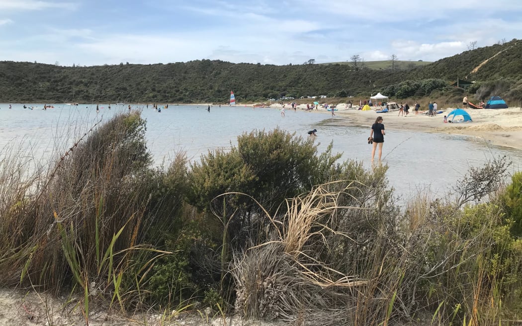 A busy summer's day at Kai Iwi Lakes' Lake Taharoa.