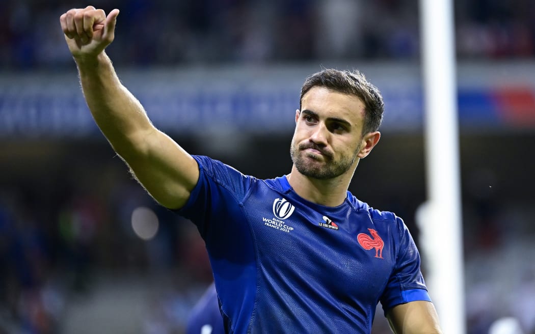 France rugby fullback Melvyn Jaminet, playing against Uruguay in 2023.