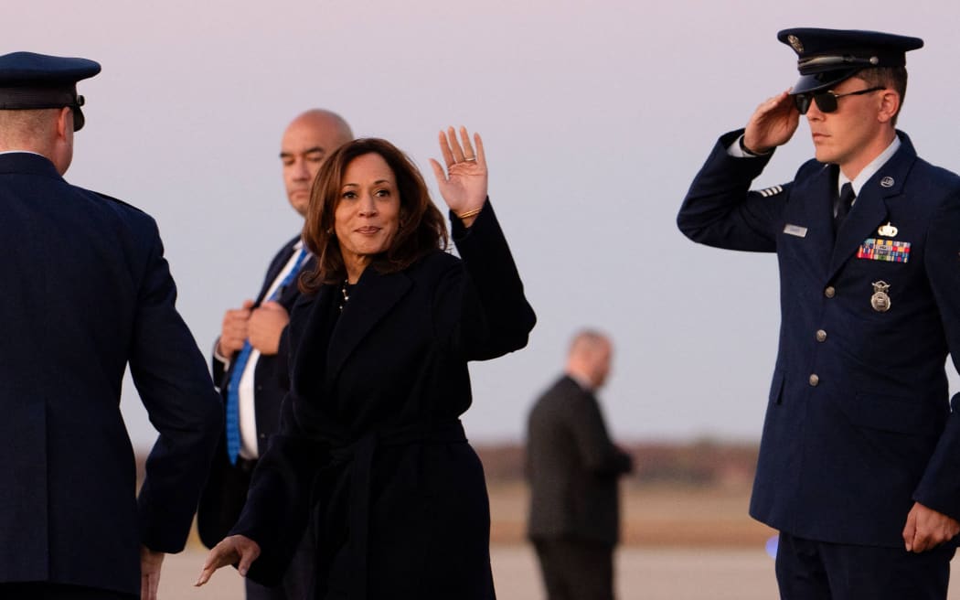 US Vice President and Democratic presidential nominee Kamala Harris steps off Air Force Two at Joint Base in Maryland on October 27, 2024. (Photo by Erin SCHAFF / POOL / AFP)