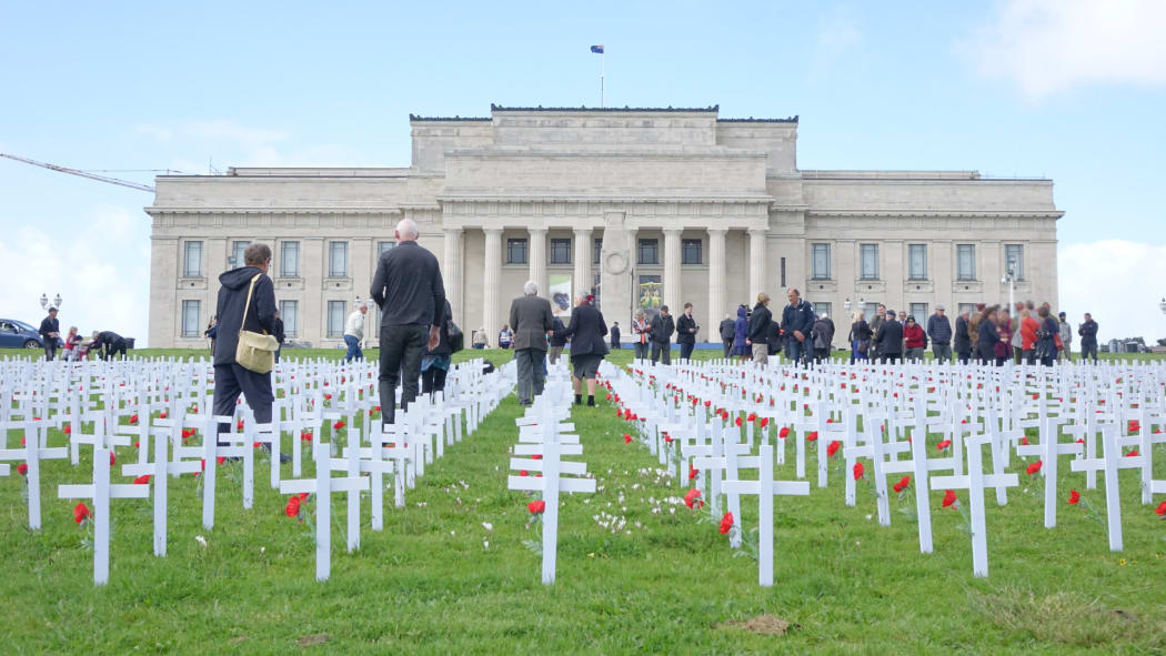 Crosses at Auckland's War Memorial Museum commemorate soldiers who died at Passchendaele.
