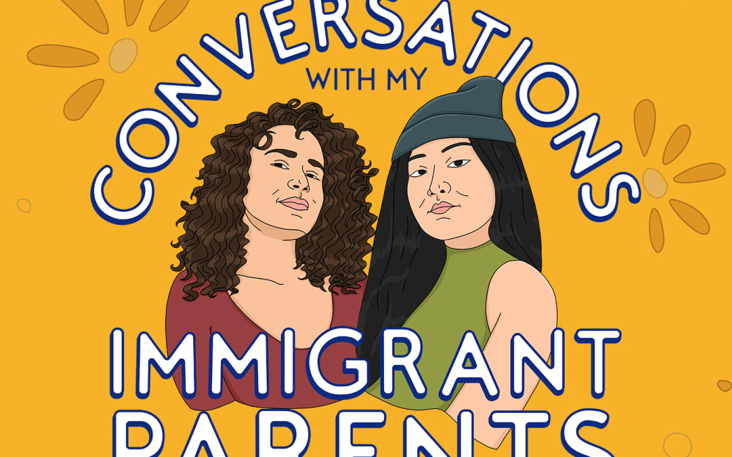 A podcast cover for "Conversations With My Immigrant Parents". Illustration featuring two young women on an orange background. And it has the RNZ logo on it.