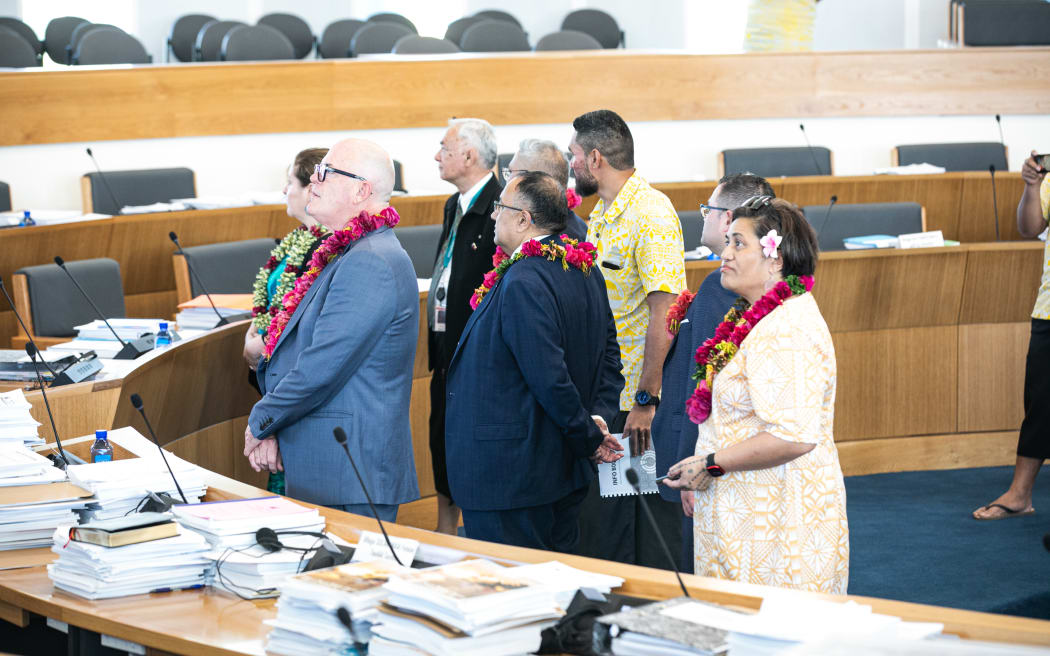 An inter-parliamentary cross-party group of New Zealand MPs visit Samoa's Parliament chamber. 11 July 2023.