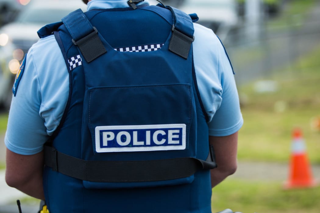 Police officer in a vest on the street.