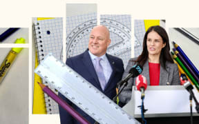 Composite of Christopher Luxon and Erica Stanford with ruler, maths book, protractor and pencils.