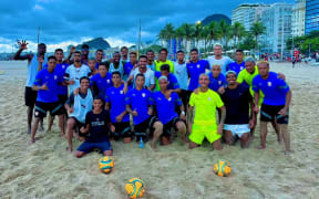 Tahiti Beach Soccer team with some Brazilian players after their friendly match in Rio. Photo Credit: Supplied to OFC Media