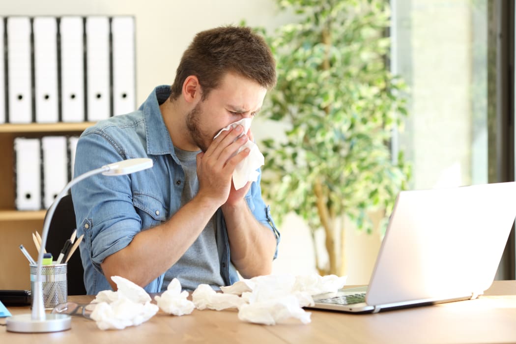 Portrait of a sick entrepreneur blowing in a wipe at office with a lot of used wipes on the desk