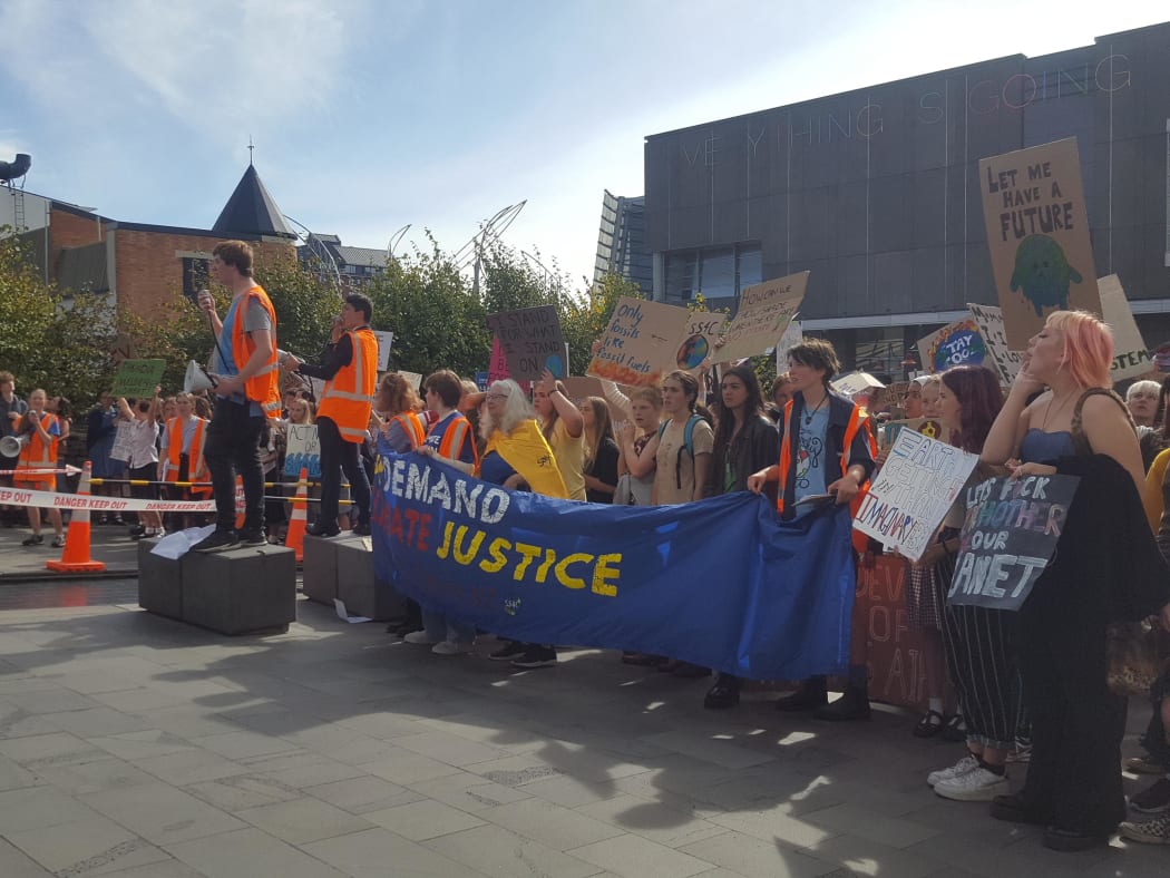 Christchurch protesters speak to the mayor, demanding climate action.