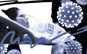 Composite of patient in hospital bed and virus particles