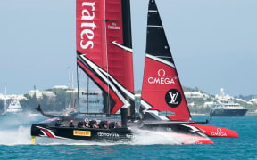 Emirates Team New Zealand in their race five match up against Oracle Team USA on day one of the 35th America's Cup challenger series. Bermuda. 27/5/2017