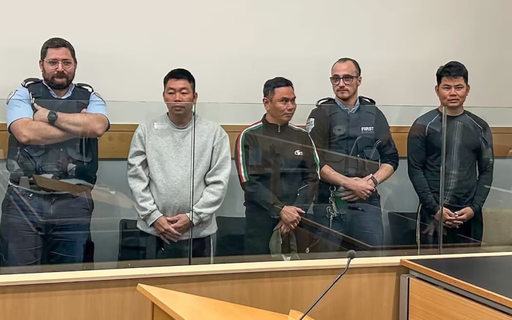 Vietnamese nationals in the Whangārei District Court sentenced for cannabis cultivation. From left: Nam Long Nguyen, Manh Hung Truong, Ho Van Canh, Van Duc Nguyen and Van Thao Nguyen.