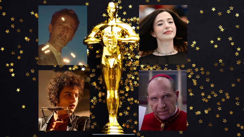 Clockwise from top, Adrien Brody in The Brutalist, Mikey Madison from Anora, Ralph Fiennes in Conclave and Timothée Chalamet in A Complete Unknown.