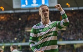 Celtic's Leigh Griffiths (9) celebrates scoring from the penalty spot during the UEFA Champions League Third qualifying round football match (2nd leg) between Celtic FC and FC Astana at Celtic Park, Glasgow Scotland on August 3 2016