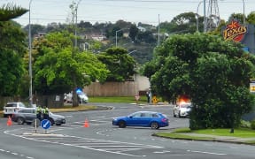 Police on Lincoln Road near Daytona Road, Auckland, after a police pursuit ended with collision with a police car.