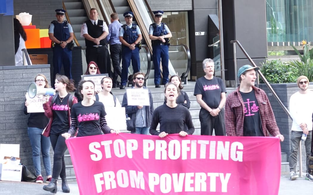 Auckland Action Against Poverty protesting against recruitment agency Manpower Services.