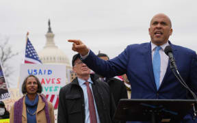 Senator Cory Booker (D-NJ) addresses protesters at the US Capitol in Washington, D.C., USA, on February 5, 2025. Protesters gather to oppose cuts to USAID and Elon Musk's DOGE program. (Photo by Andrew Leyden/NurPhoto) (Photo by Andrew Leyden / NurPhoto / NurPhoto via AFP)
