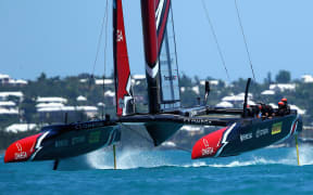 Emirates Team New Zealand helmed by Peter Burling  in race 7 on day 4 of the America's Cup Match