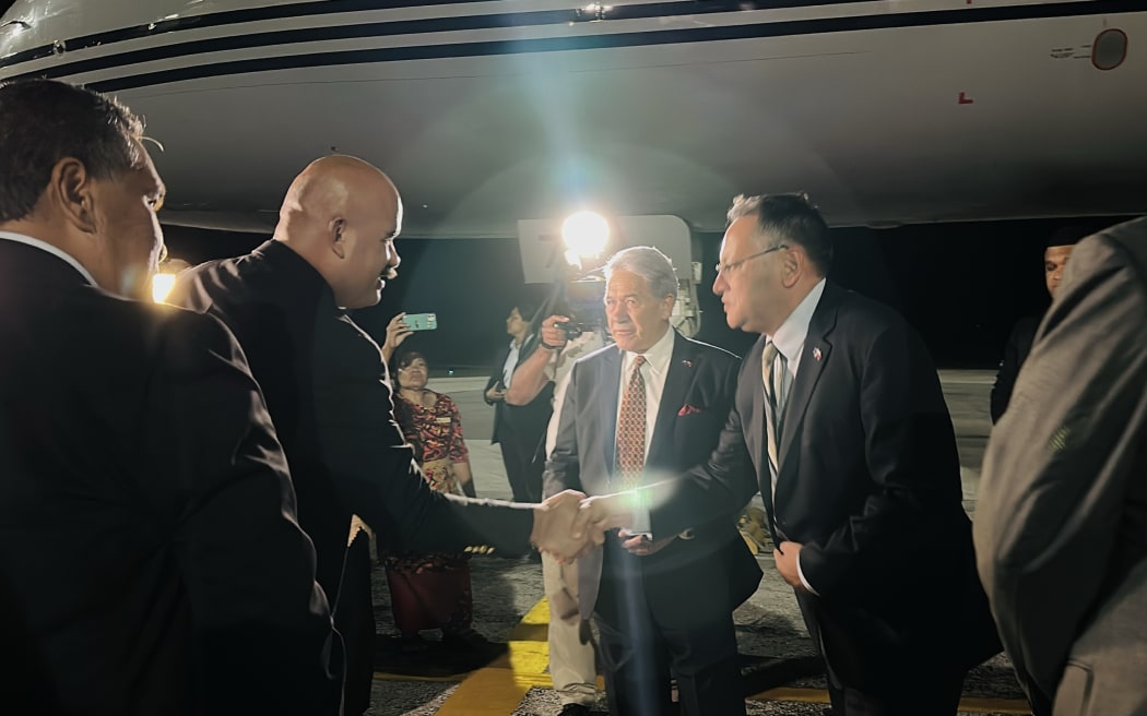Winston Peters and Dr Shane Reti greeted by Tongan officialis in Nuku'alofa. 6 February 2024