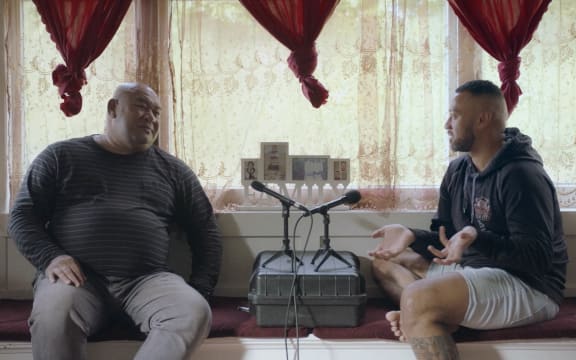 (L-R) Tui and Mahe Pofele record their episode of the podcast